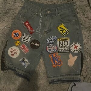 LoveShackFancy Gray Denim Patchwork Men’s Shorts with Mixed Color Patches